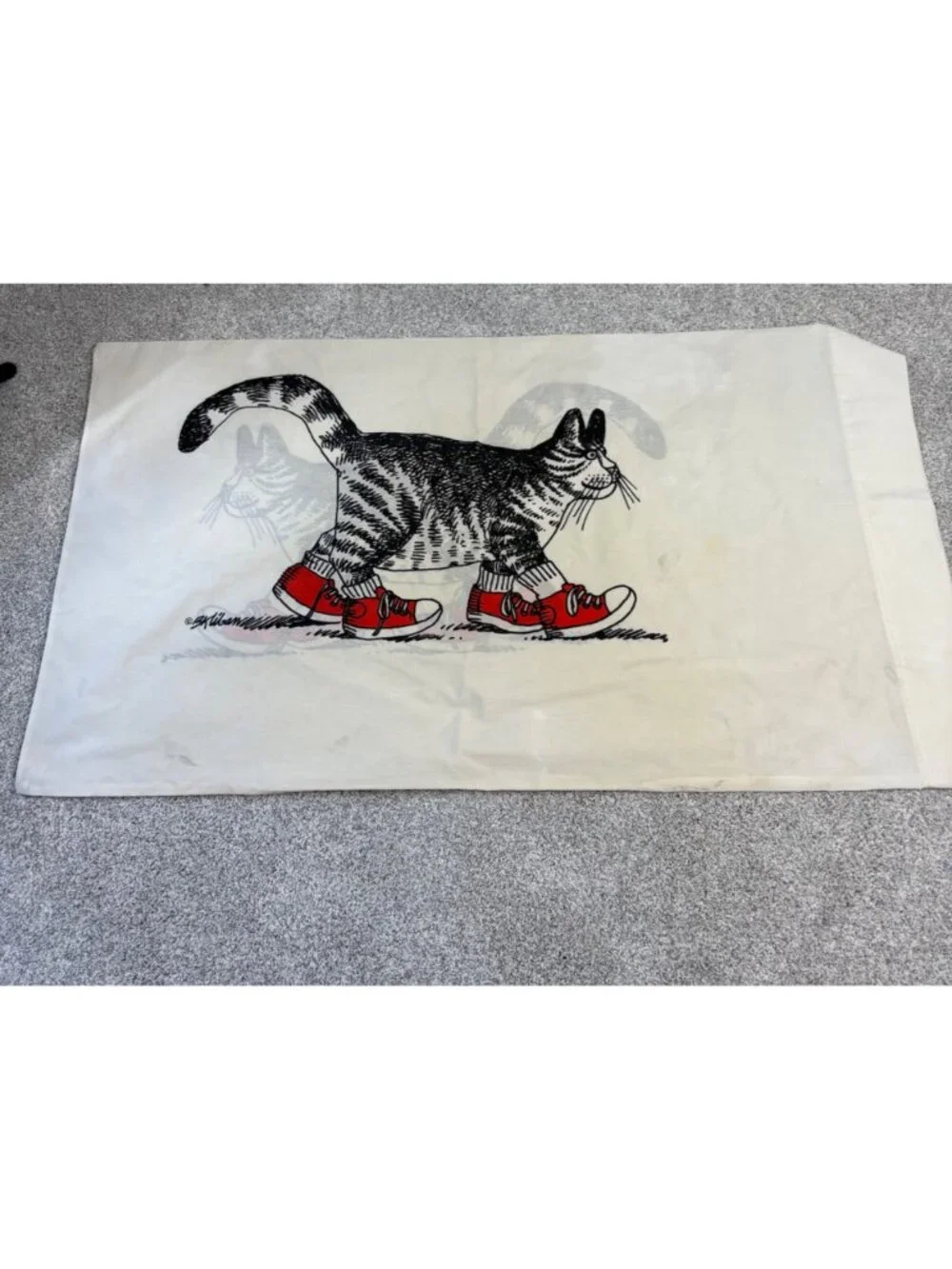 Vintage B. Kliban Burlington Twin Flat Sheet XL Pillowcase Cat Red Sneakers Flaw